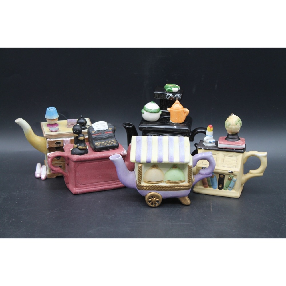 Lot of 5 Mini Vintage Novelty Teapots Ceramic Whimsical Figural Collectibles